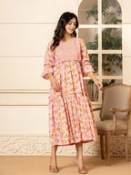 Yufta Pink Cotton Floral Print Tiered Dress With Ruffles | Grocsy