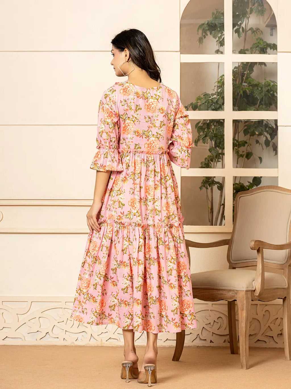Yufta Pink Cotton Floral Print Tiered Dress With Ruffles | Grocsy