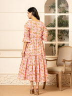 Yufta Pink Cotton Floral Print Tiered Dress With Ruffles | Grocsy