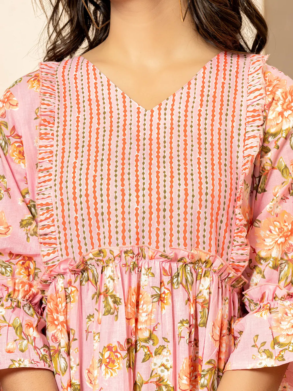 Yufta Pink Cotton Floral Print Tiered Dress With Ruffles | Grocsy