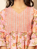 Yufta Pink Cotton Floral Print Tiered Dress With Ruffles | Grocsy
