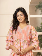 Yufta Pink Cotton Floral Print Tiered Dress With Ruffles | Grocsy