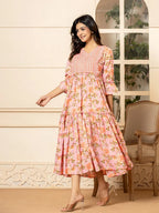 Yufta Pink Cotton Floral Print Tiered Dress With Ruffles | Grocsy