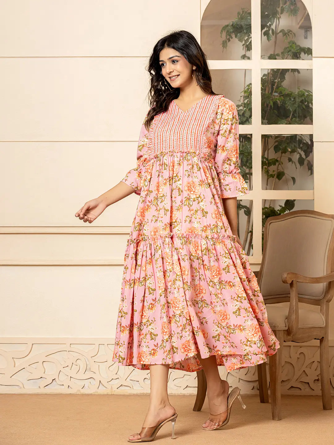 Yufta Pink Cotton Floral Print Tiered Dress With Ruffles | Grocsy