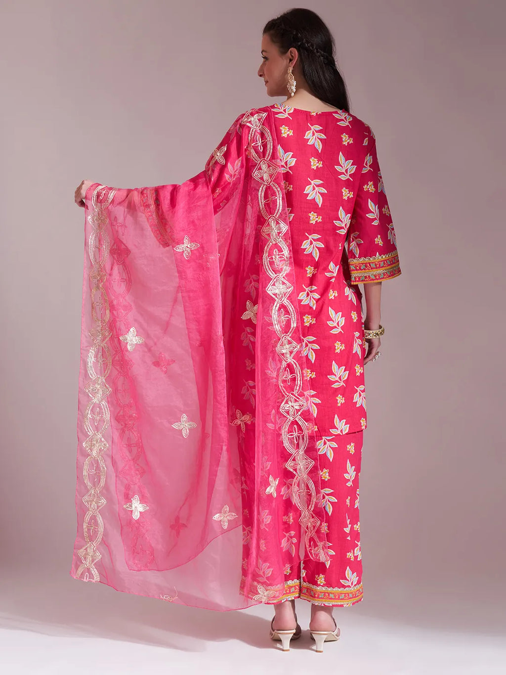 Yufta Pink Cotton Lace Work Kurta Set With Pant Dupatta | Grocsy