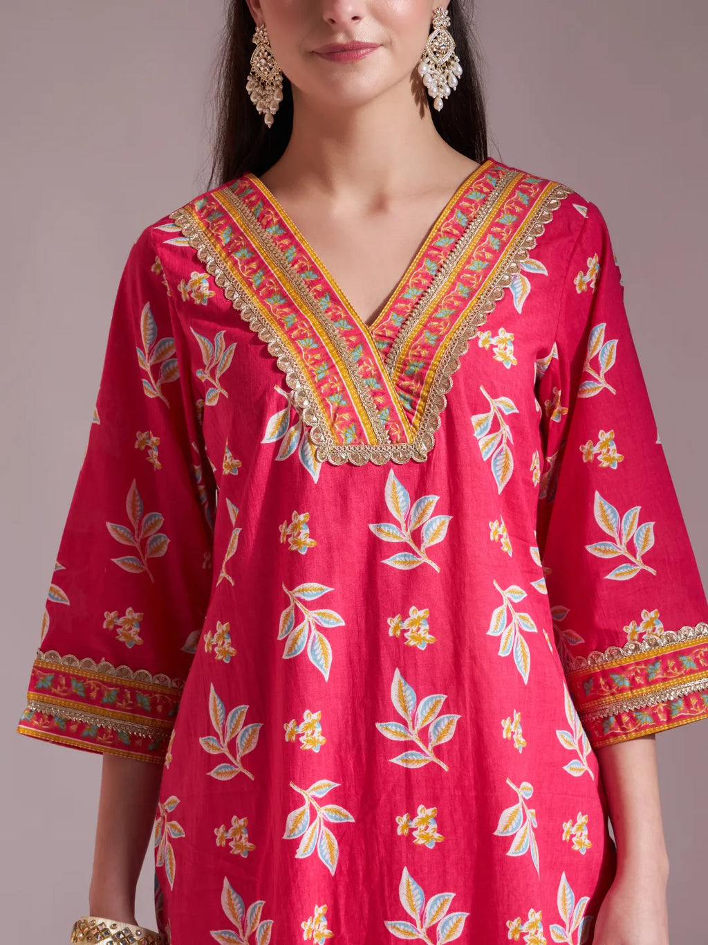 Yufta Pink Cotton Lace Work Kurta Set With Pant Dupatta | Grocsy