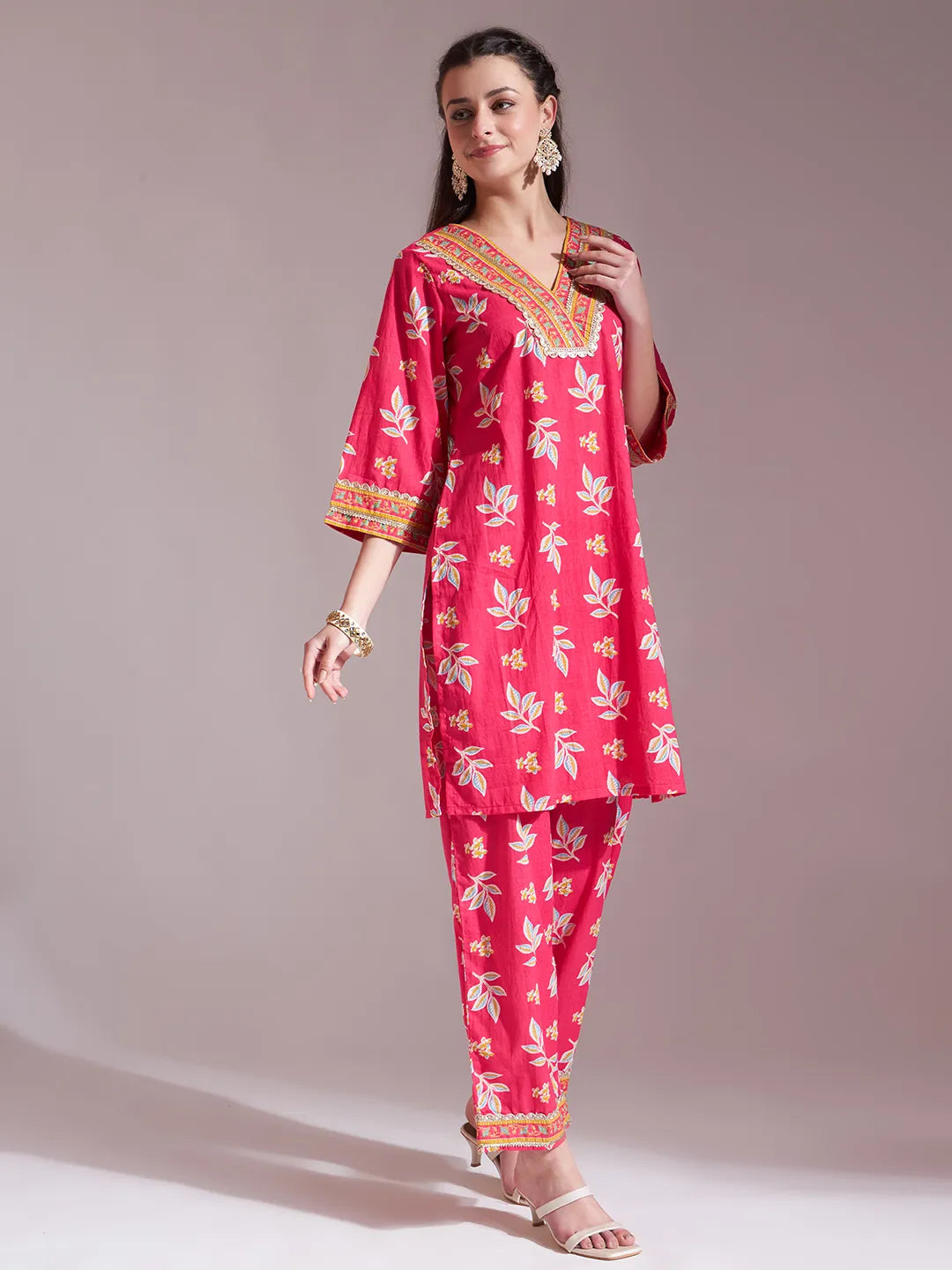 Yufta Pink Cotton Lace Work Kurta Set With Pant Dupatta | Grocsy