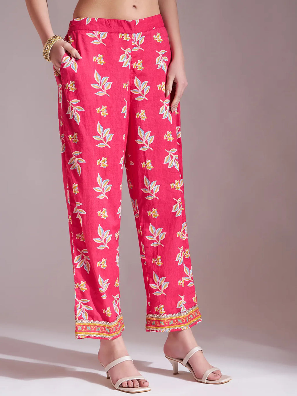Yufta Pink Cotton Lace Work Kurta Set With Pant Dupatta | Grocsy