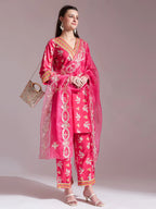 Yufta Pink Cotton Lace Work Kurta Set With Pant Dupatta | Grocsy
