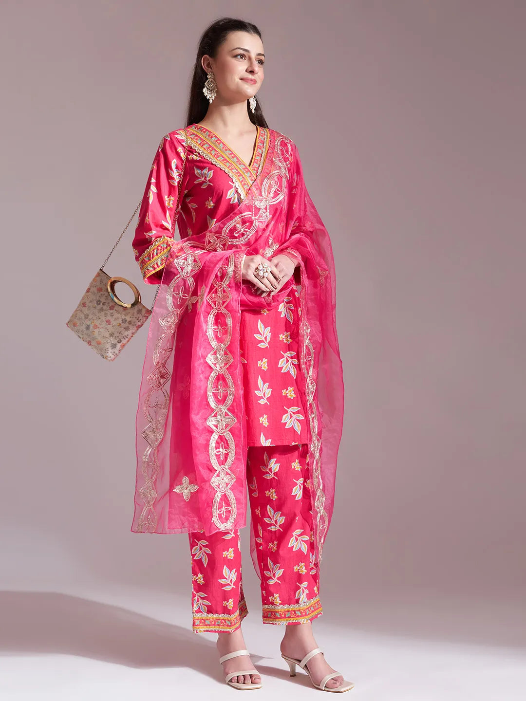 Yufta Pink Cotton Lace Work Kurta Set With Pant Dupatta | Grocsy