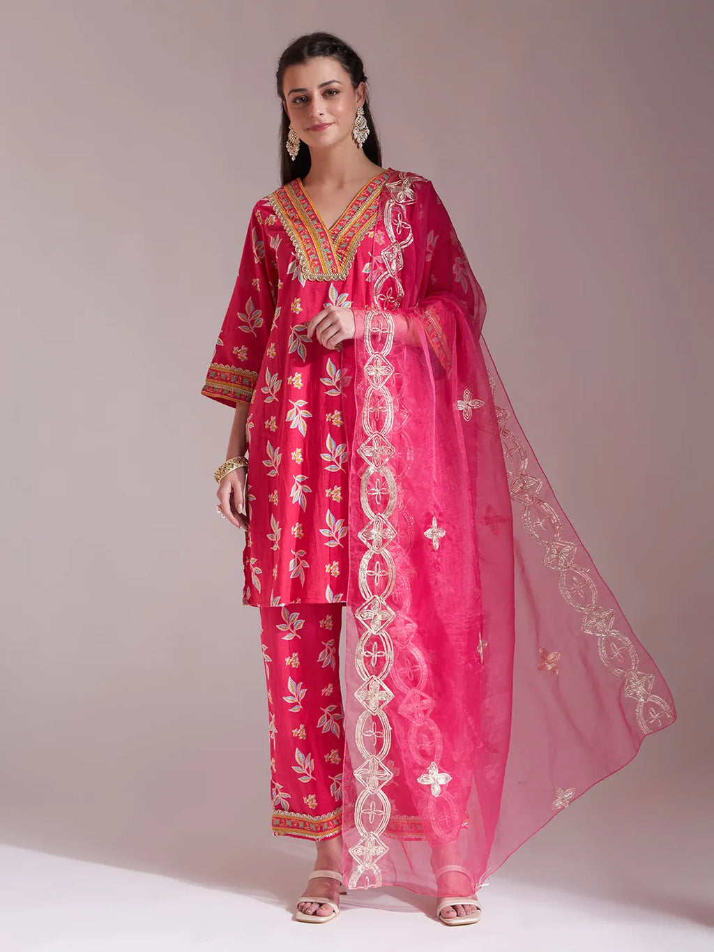 Yufta Pink Cotton Lace Work Kurta Set With Pant Dupatta | Grocsy