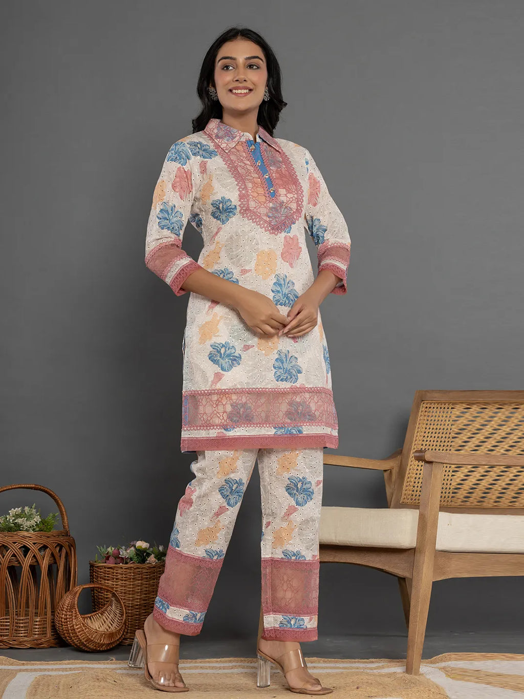 Yufta Pink Cotton Schiffli Co-Ord Set With Lace Detailing | Grocsy