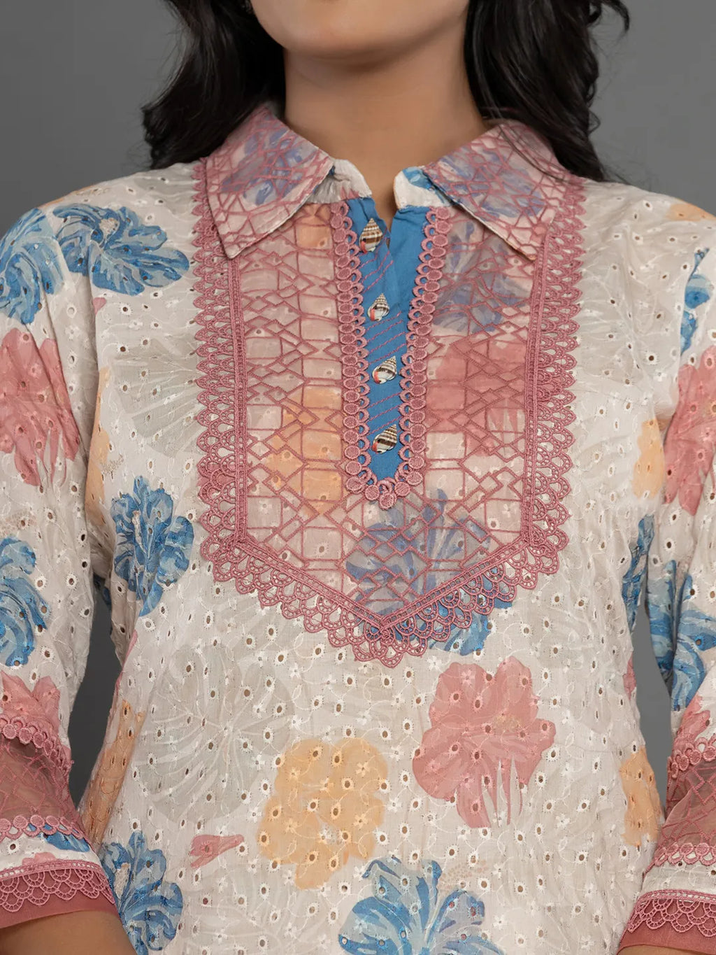 Yufta Pink Cotton Schiffli Co-Ord Set With Lace Detailing | Grocsy