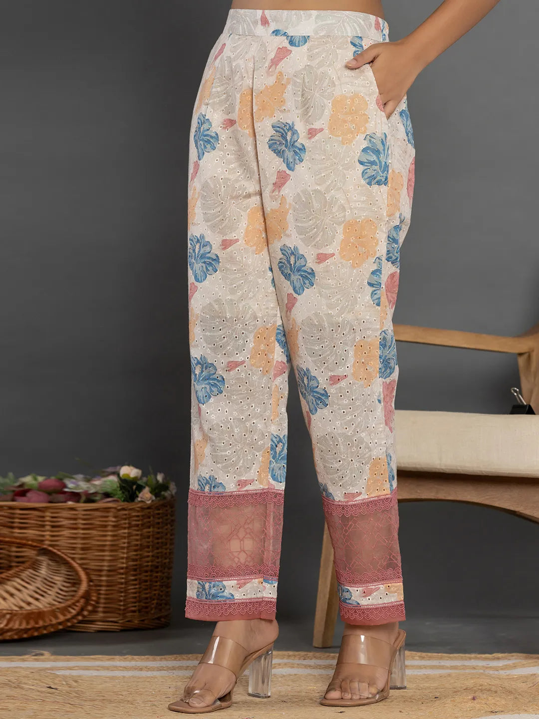 Yufta Pink Cotton Schiffli Co-Ord Set With Lace Detailing | Grocsy