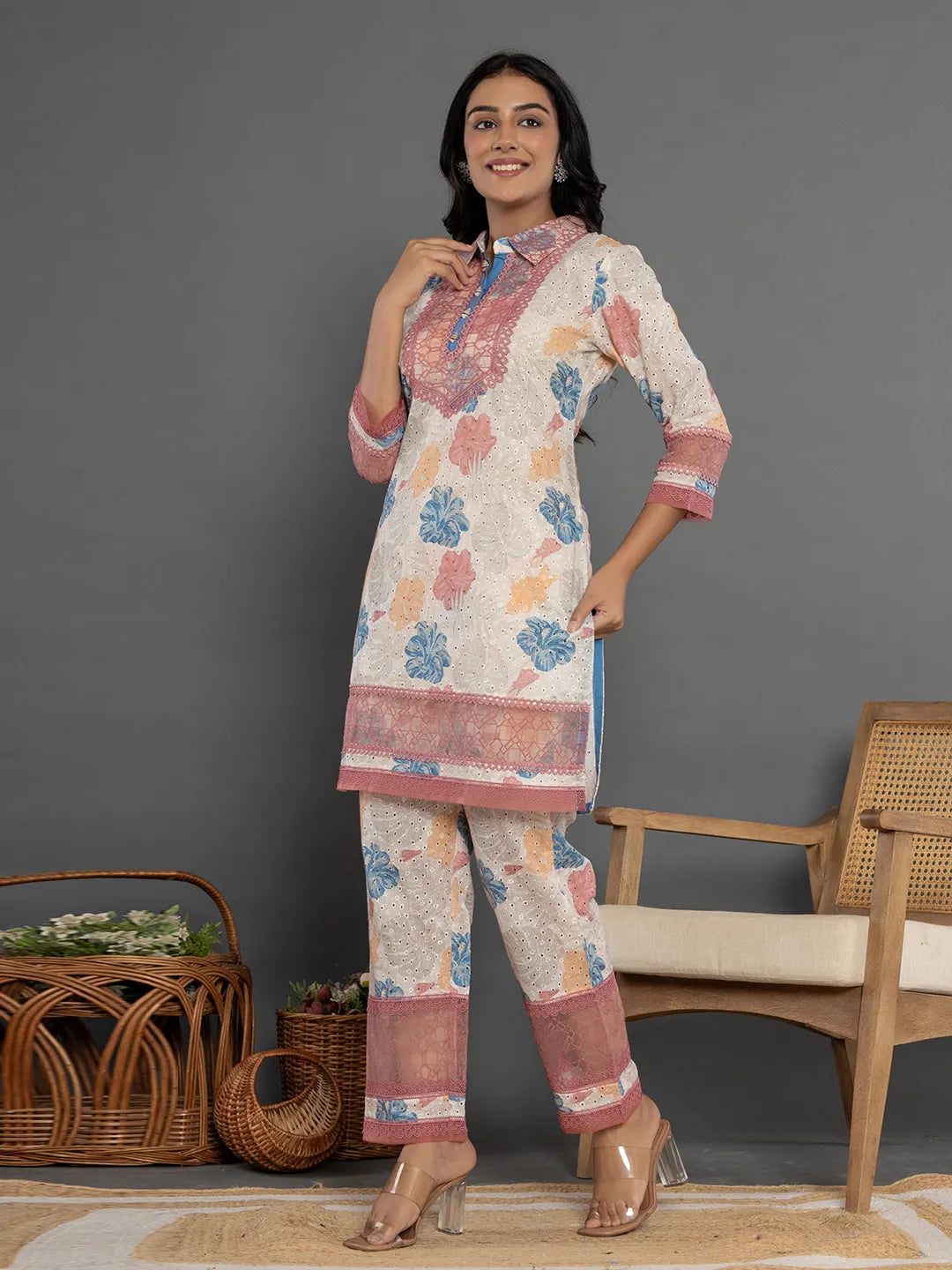 Yufta Pink Cotton Schiffli Co-Ord Set With Lace Detailing | Grocsy