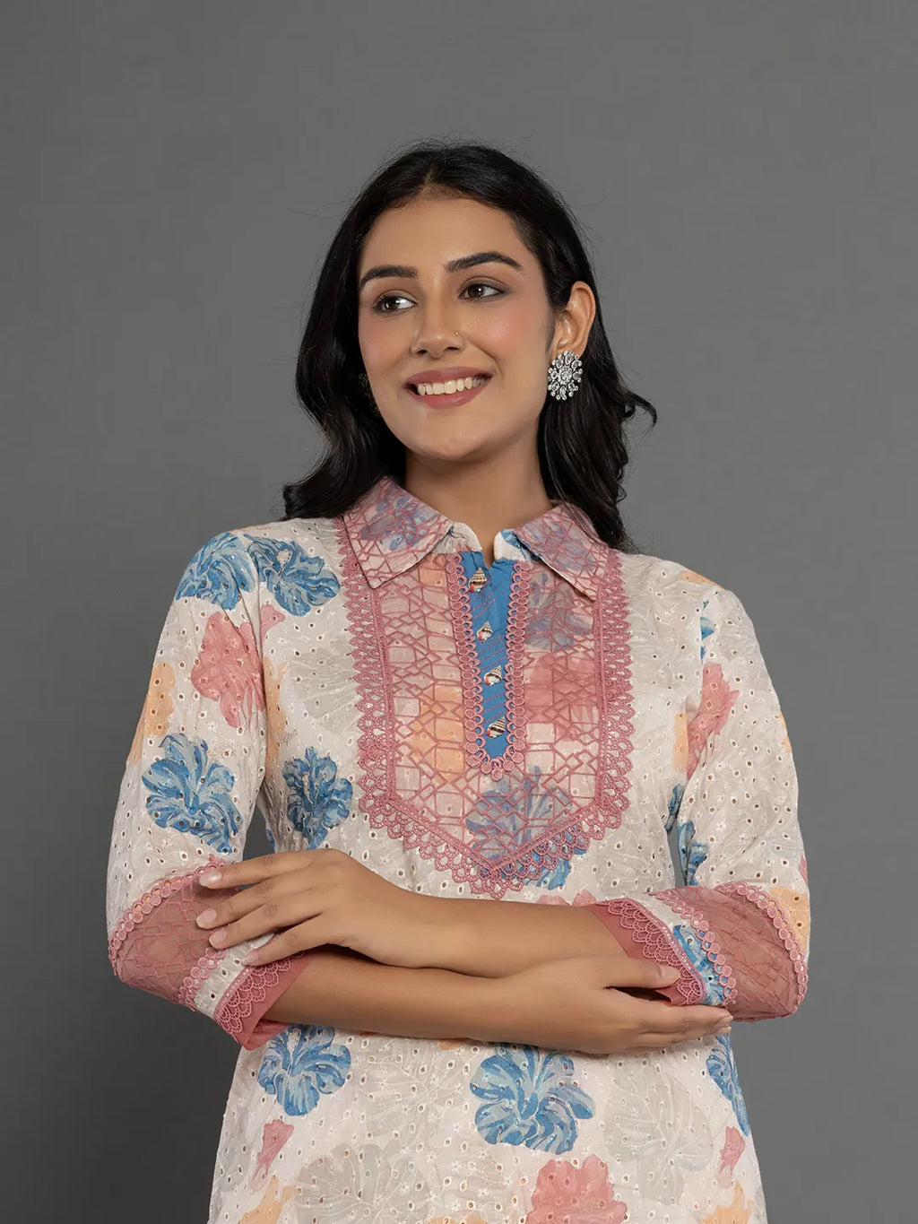 Yufta Pink Cotton Schiffli Co-Ord Set With Lace Detailing | Grocsy
