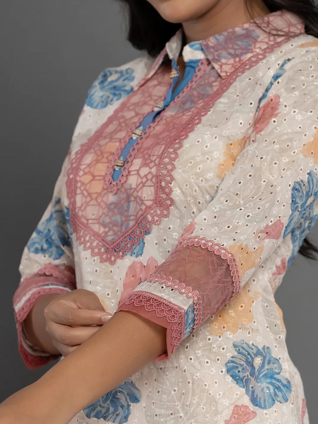 Yufta Pink Cotton Schiffli Co-Ord Set With Lace Detailing | Grocsy
