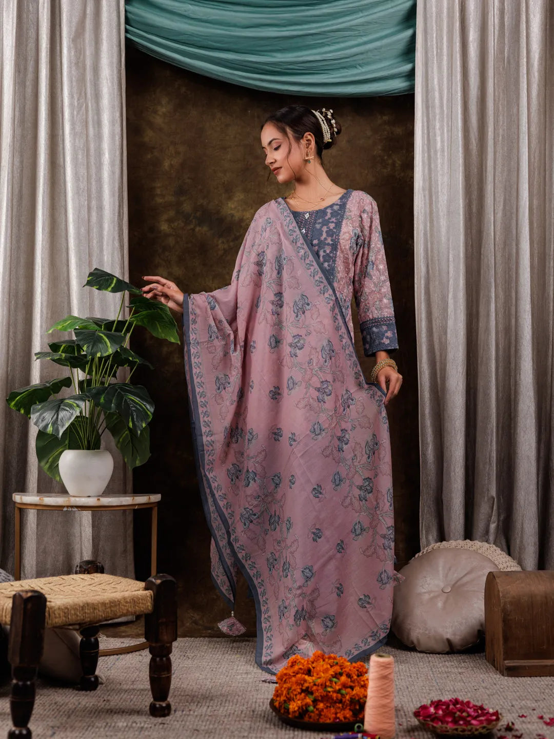 Yufta Pink Cotton Schiffli Floral Print Kurta Dupatta Set With Lace Detailing | Grocsy