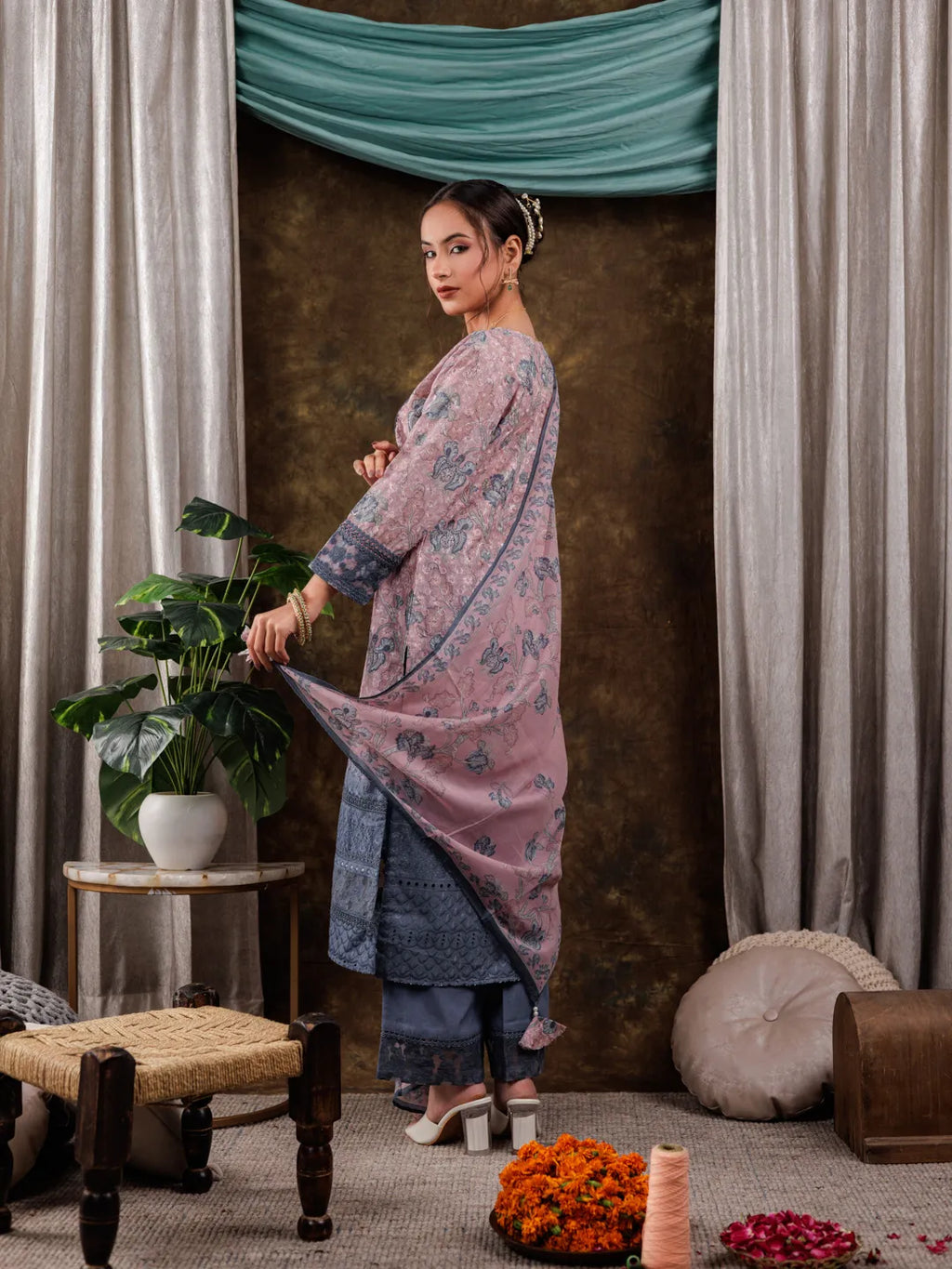 Yufta Pink Cotton Schiffli Floral Print Kurta Dupatta Set With Lace Detailing | Grocsy