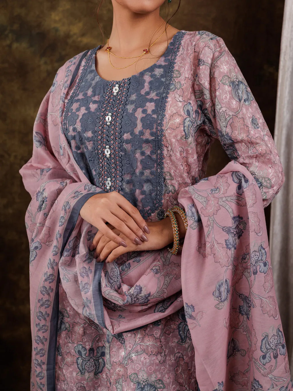 Yufta Pink Cotton Schiffli Floral Print Kurta Dupatta Set With Lace Detailing | Grocsy
