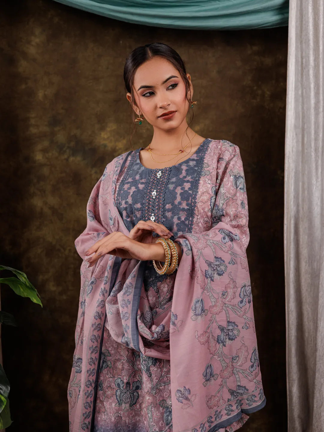 Yufta Pink Cotton Schiffli Floral Print Kurta Dupatta Set With Lace Detailing | Grocsy