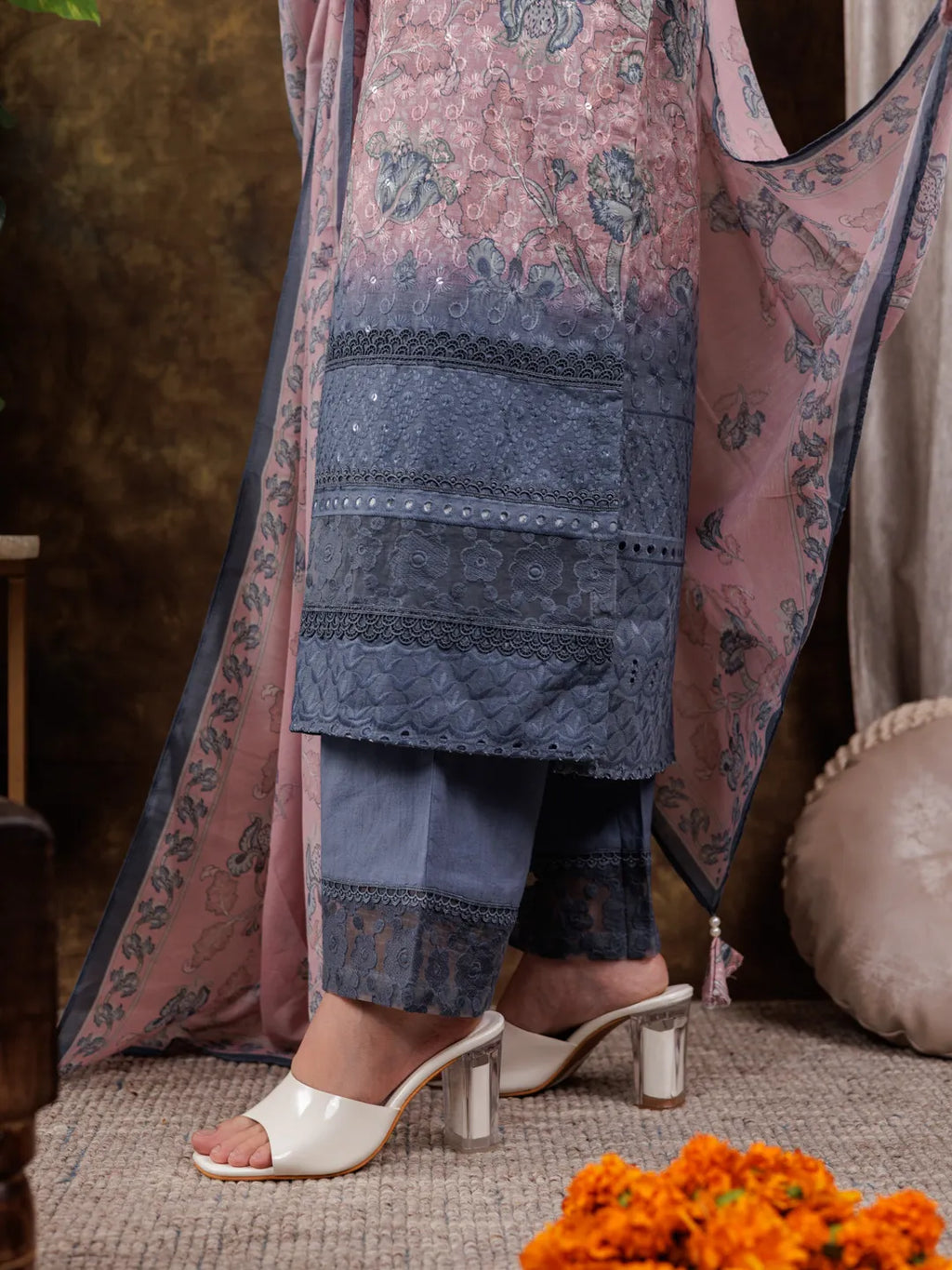 Yufta Pink Cotton Schiffli Floral Print Kurta Dupatta Set With Lace Detailing | Grocsy