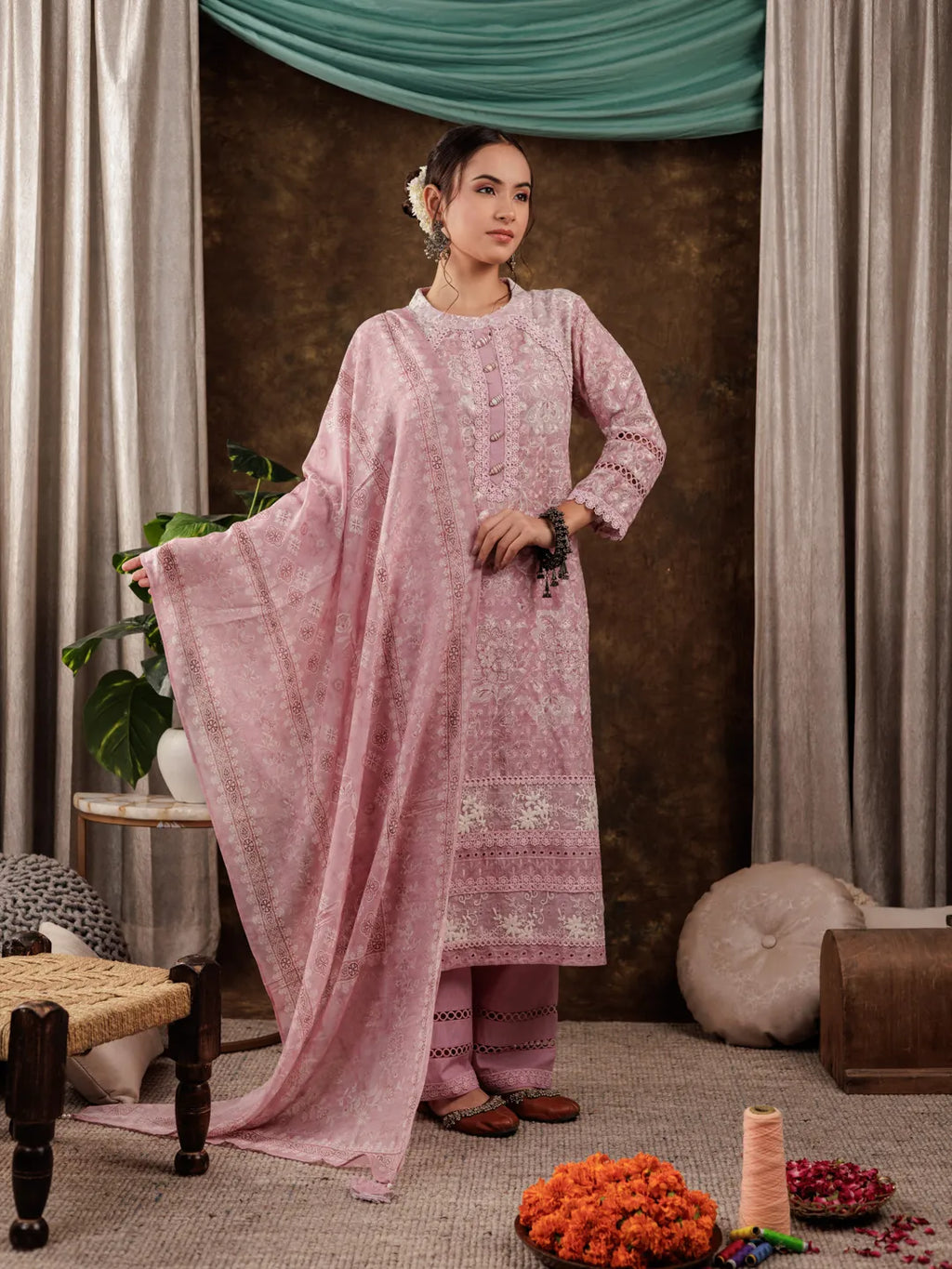 Yufta Pink Cotton Schiffli Kurta Dupatta Set With Lace Detailing | Grocsy
