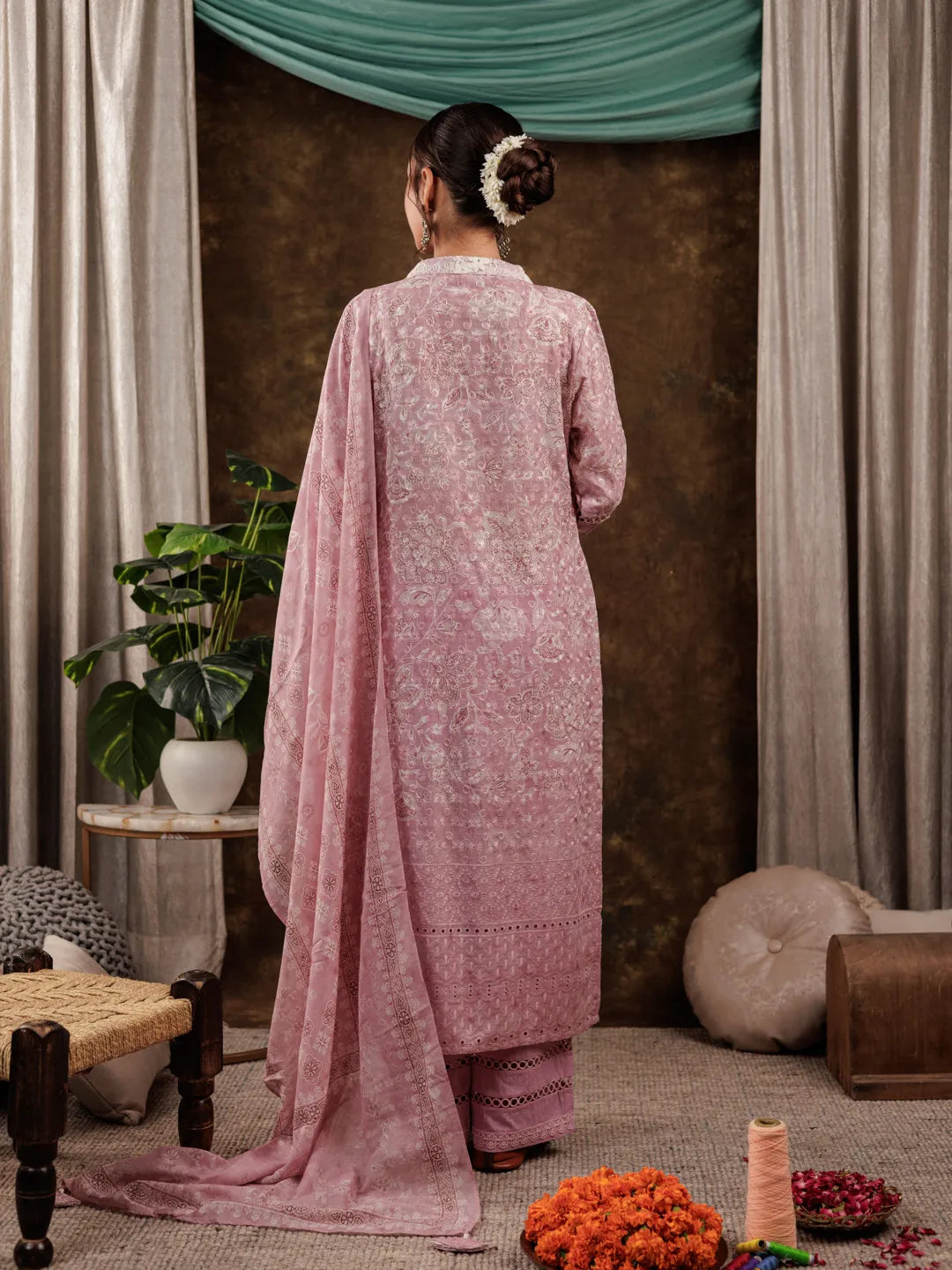 Yufta Pink Cotton Schiffli Kurta Dupatta Set With Lace Detailing | Grocsy