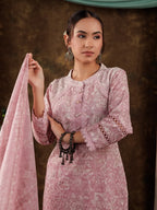 Yufta Pink Cotton Schiffli Kurta Dupatta Set With Lace Detailing | Grocsy