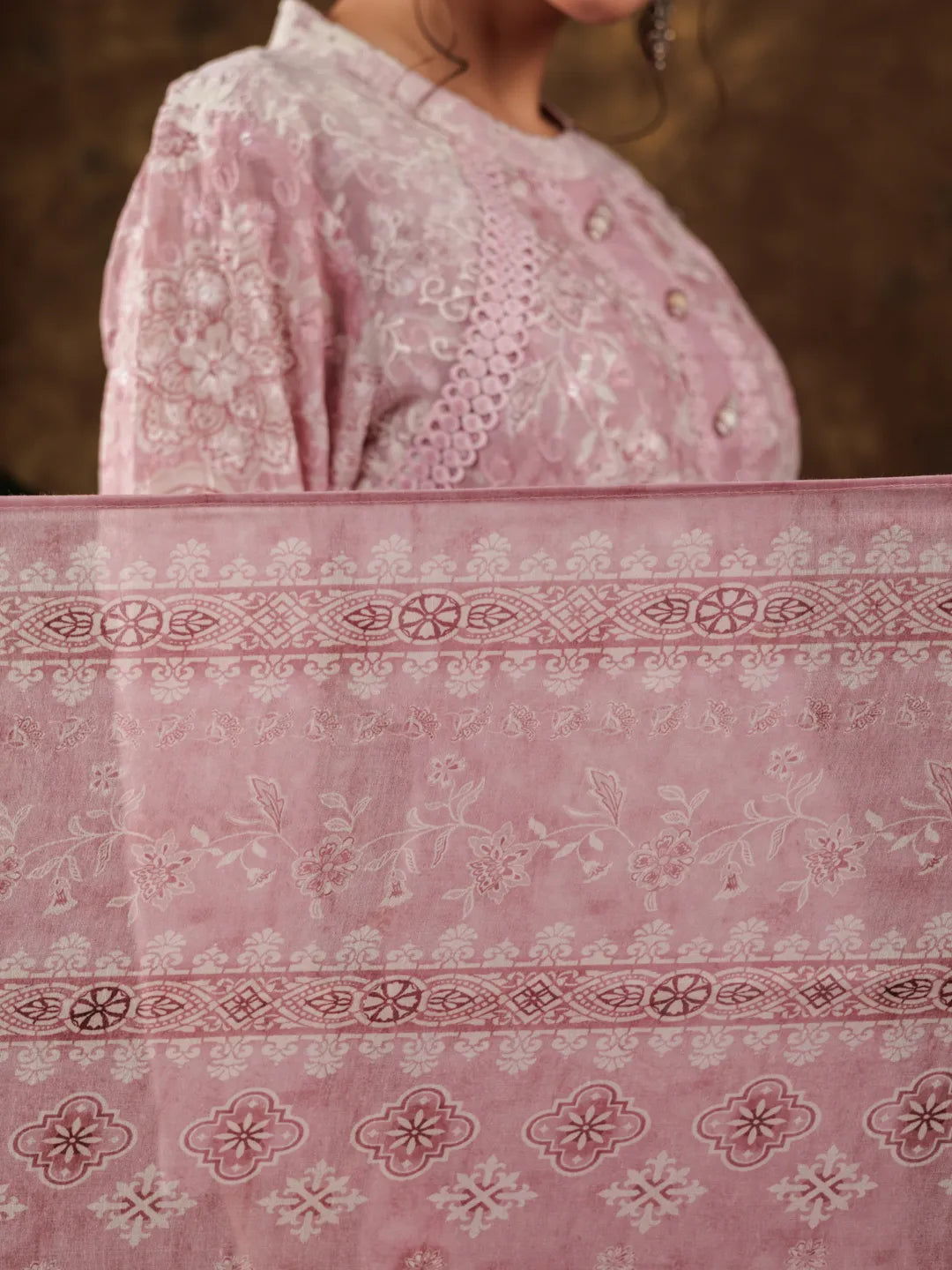 Yufta Pink Cotton Schiffli Kurta Dupatta Set With Lace Detailing | Grocsy