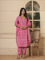 Yufta Pink Cotton Sequins_Work Kurta Dupatta Set | Grocsy