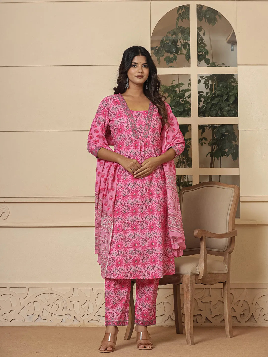 Yufta Pink Cotton Sequins_Work Kurta Dupatta Set | Grocsy