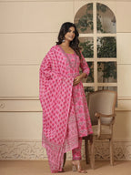 Yufta Pink Cotton Sequins_Work Kurta Dupatta Set | Grocsy