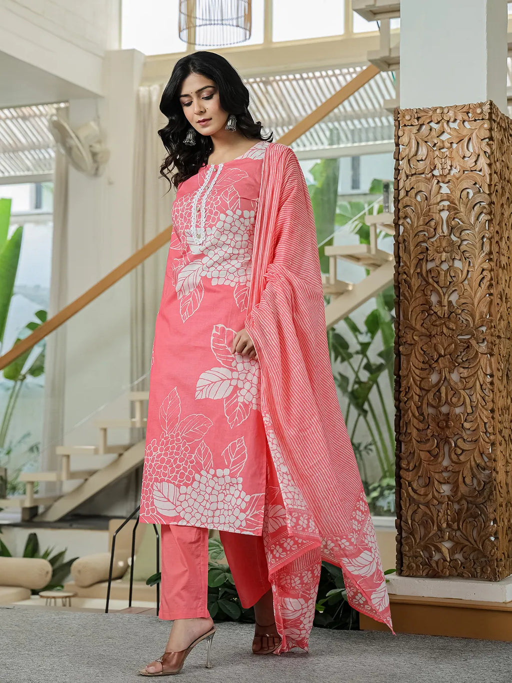 Yufta Pink Cotton Straight Lace Wor Kurta Dupatta Set | Grocsy