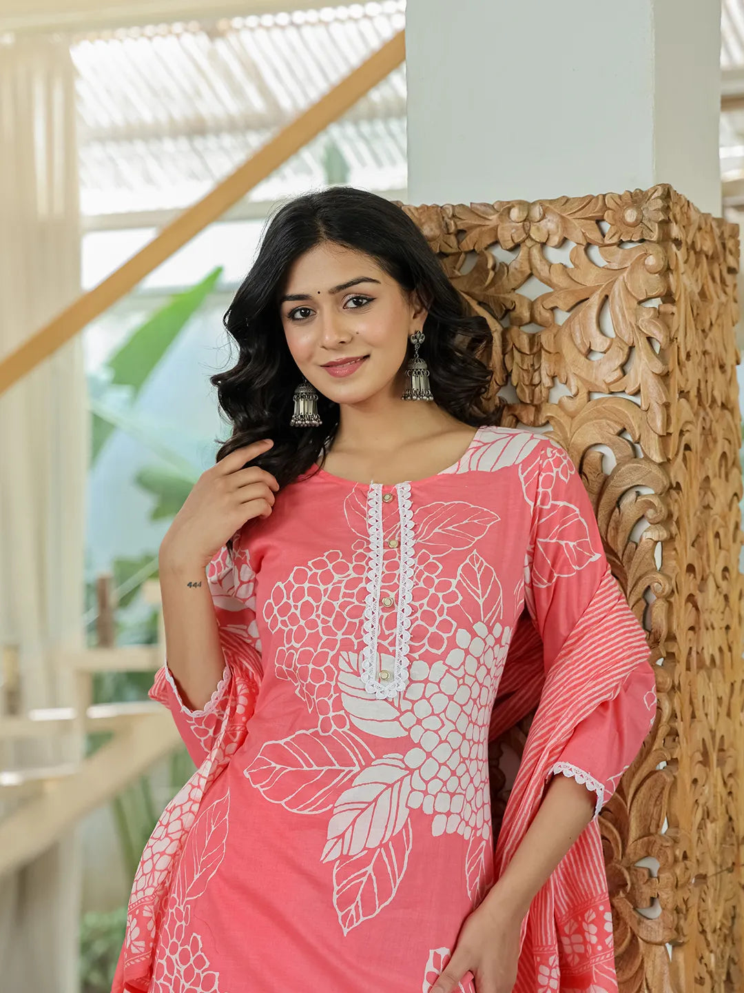 Yufta Pink Cotton Straight Lace Wor Kurta Dupatta Set | Grocsy