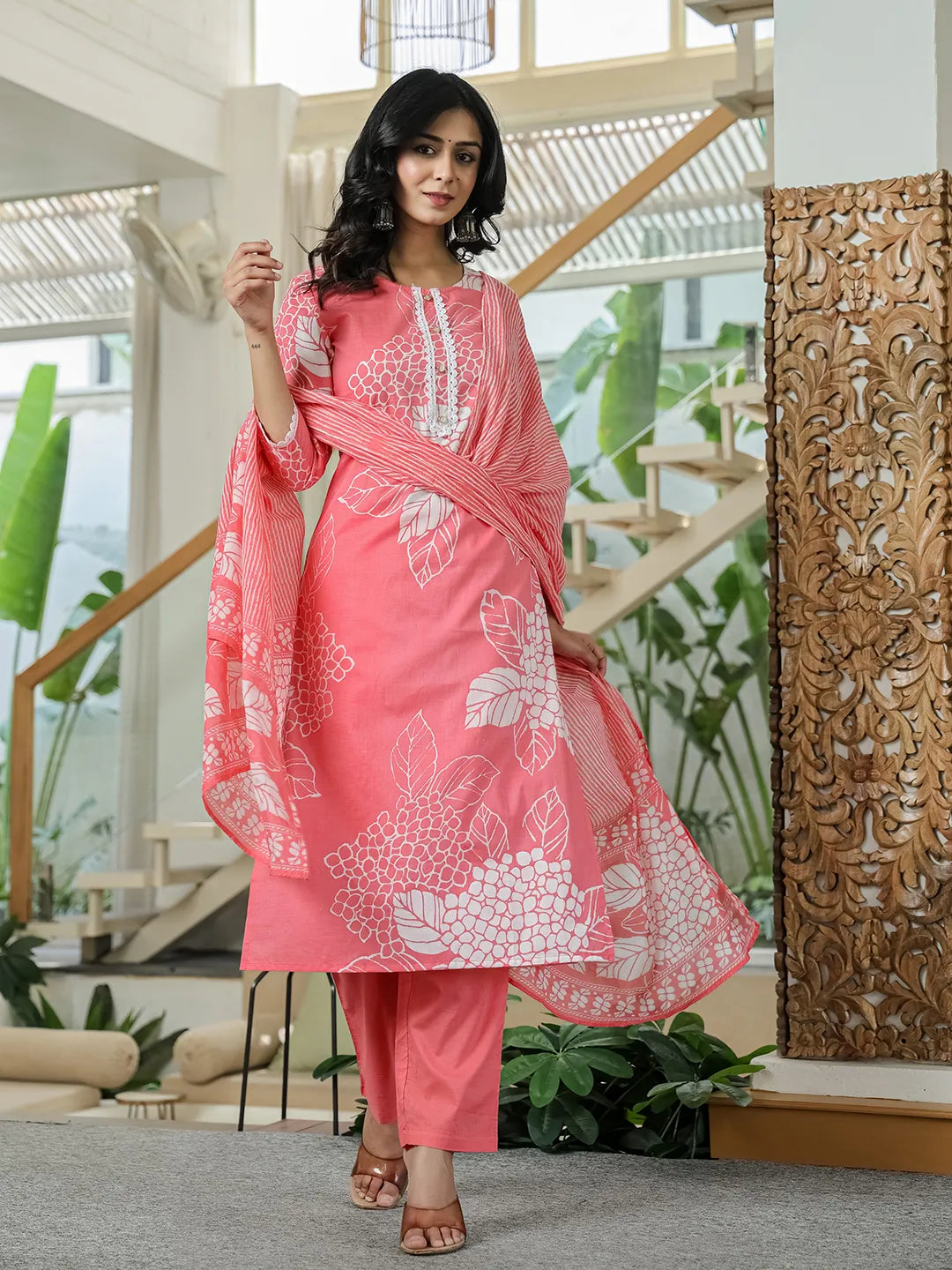 Yufta Pink Cotton Straight Lace Wor Kurta Dupatta Set | Grocsy