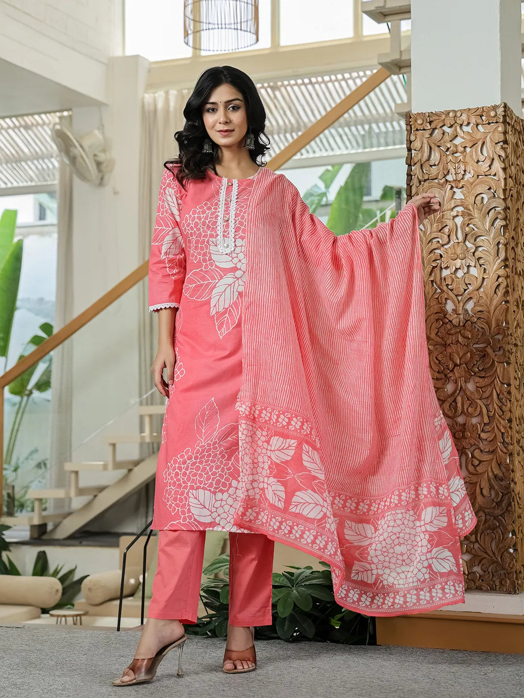 Yufta Pink Cotton Straight Lace Wor Kurta Dupatta Set | Grocsy