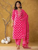 Yufta Pink Cotton Zari Work Straight Kurta Dupatta Set | Grocsy