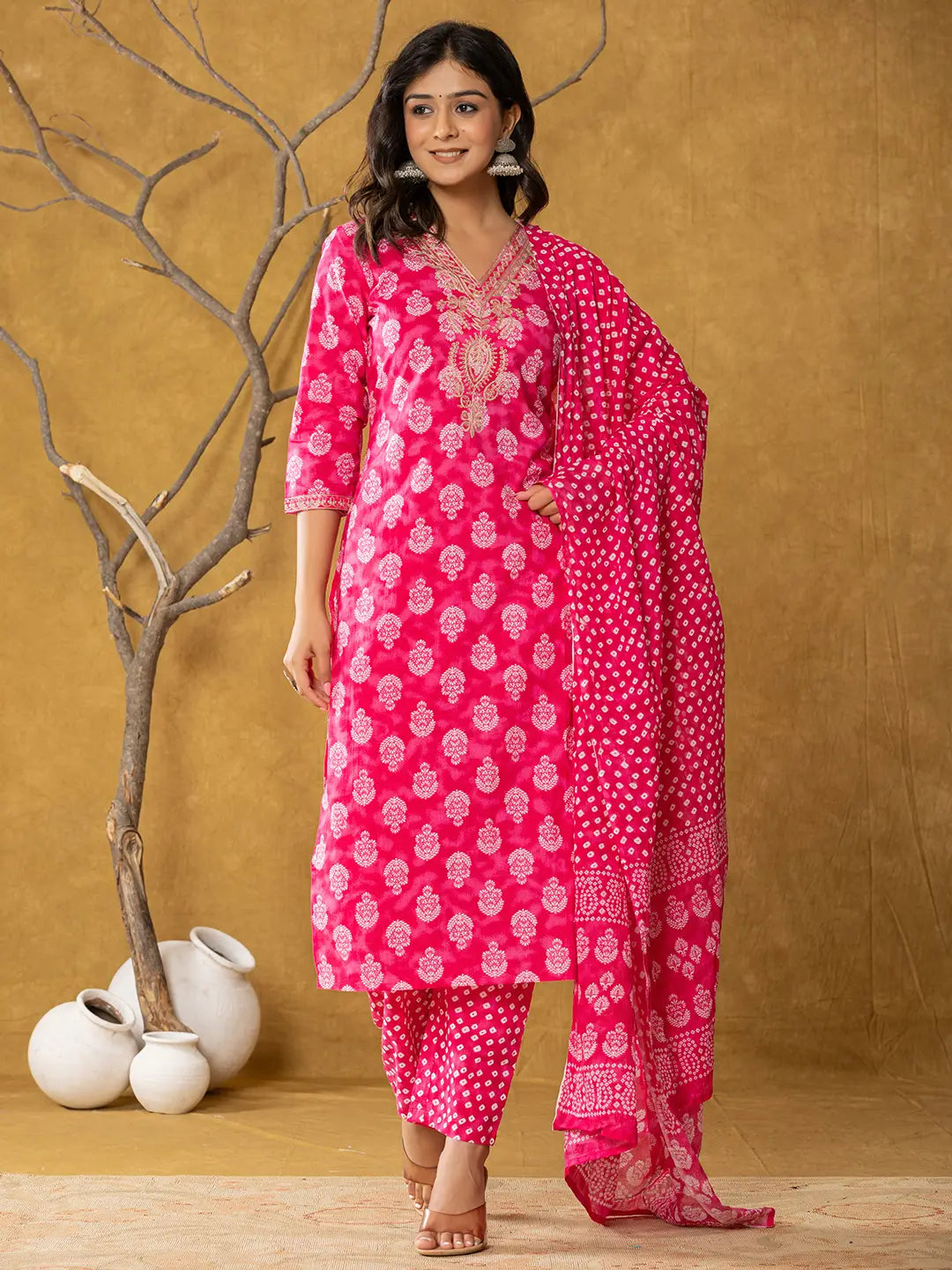 Yufta Pink Cotton Zari Work Straight Kurta Dupatta Set | Grocsy