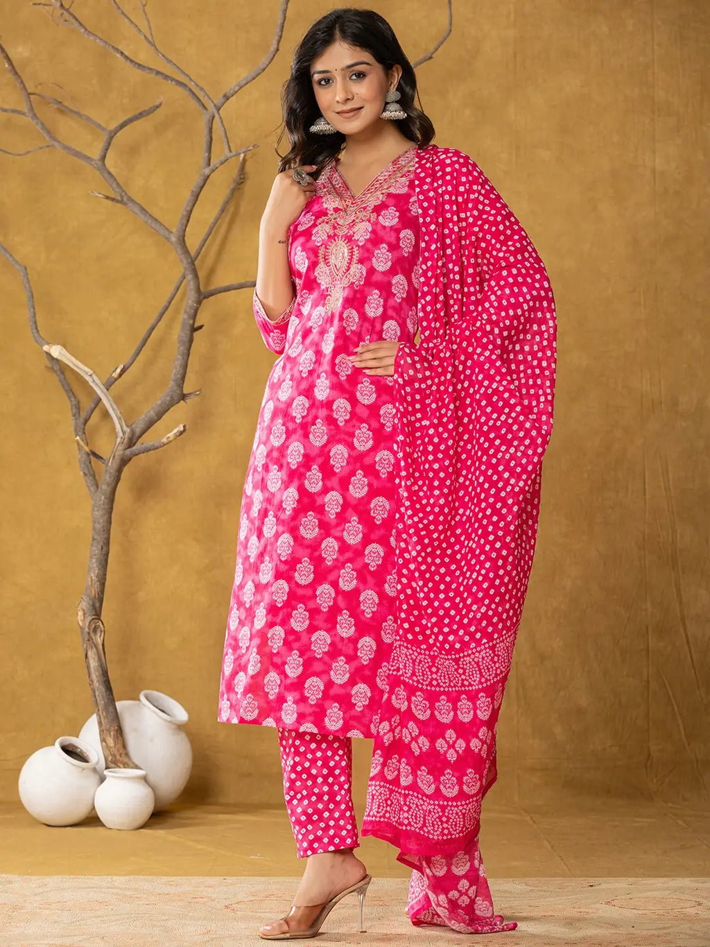 Yufta Pink Cotton Zari Work Straight Kurta Dupatta Set | Grocsy