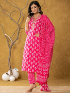Yufta Pink Cotton Zari Work Straight Kurta Dupatta Set | Grocsy