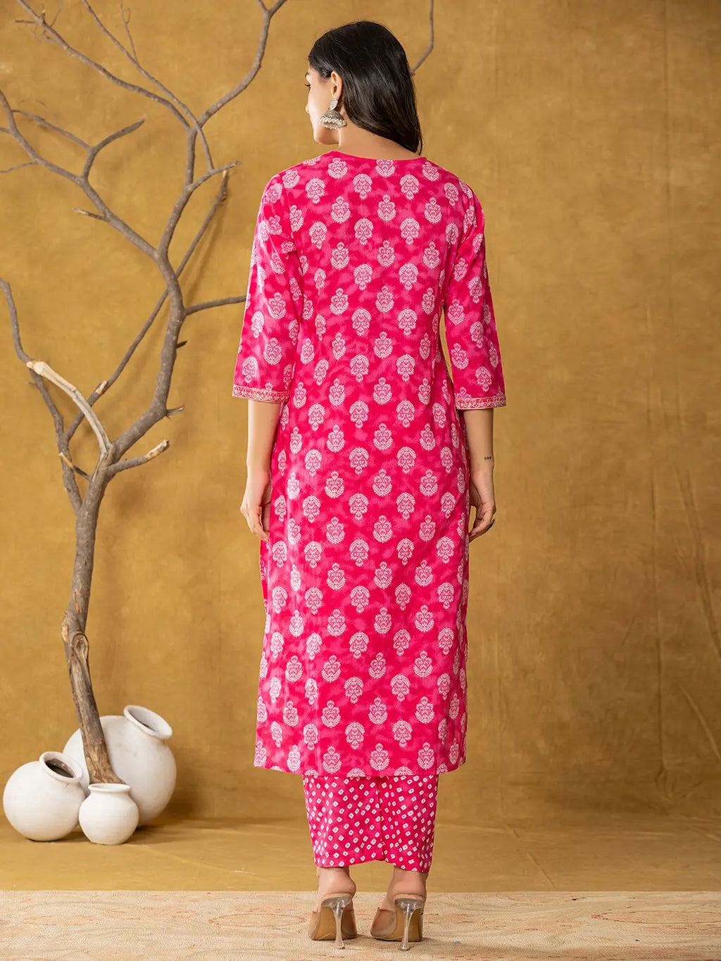 Yufta Pink Cotton Zari Work Straight Kurta Dupatta Set | Grocsy