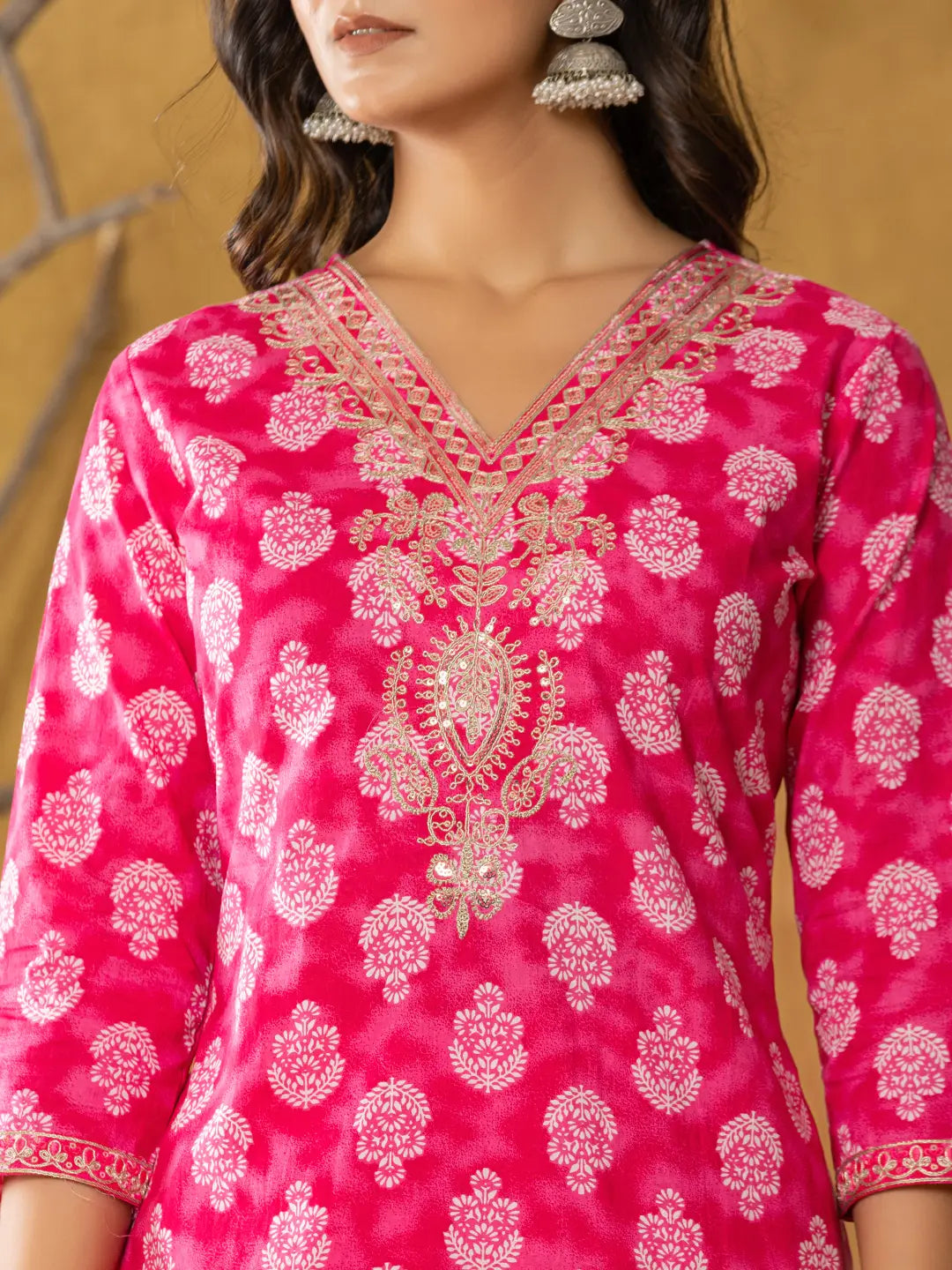 Yufta Pink Cotton Zari Work Straight Kurta Dupatta Set | Grocsy