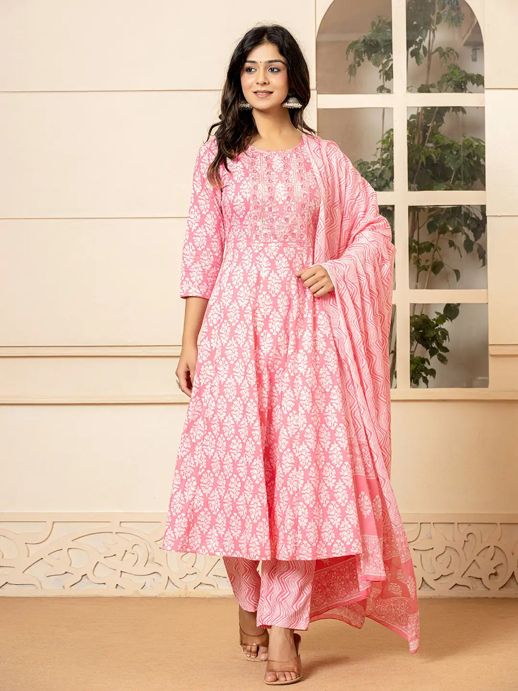 Yufta Pink Embroidered Pure Cotton Anarkali Kurta Trouser With Dupatta Set | Grocsy