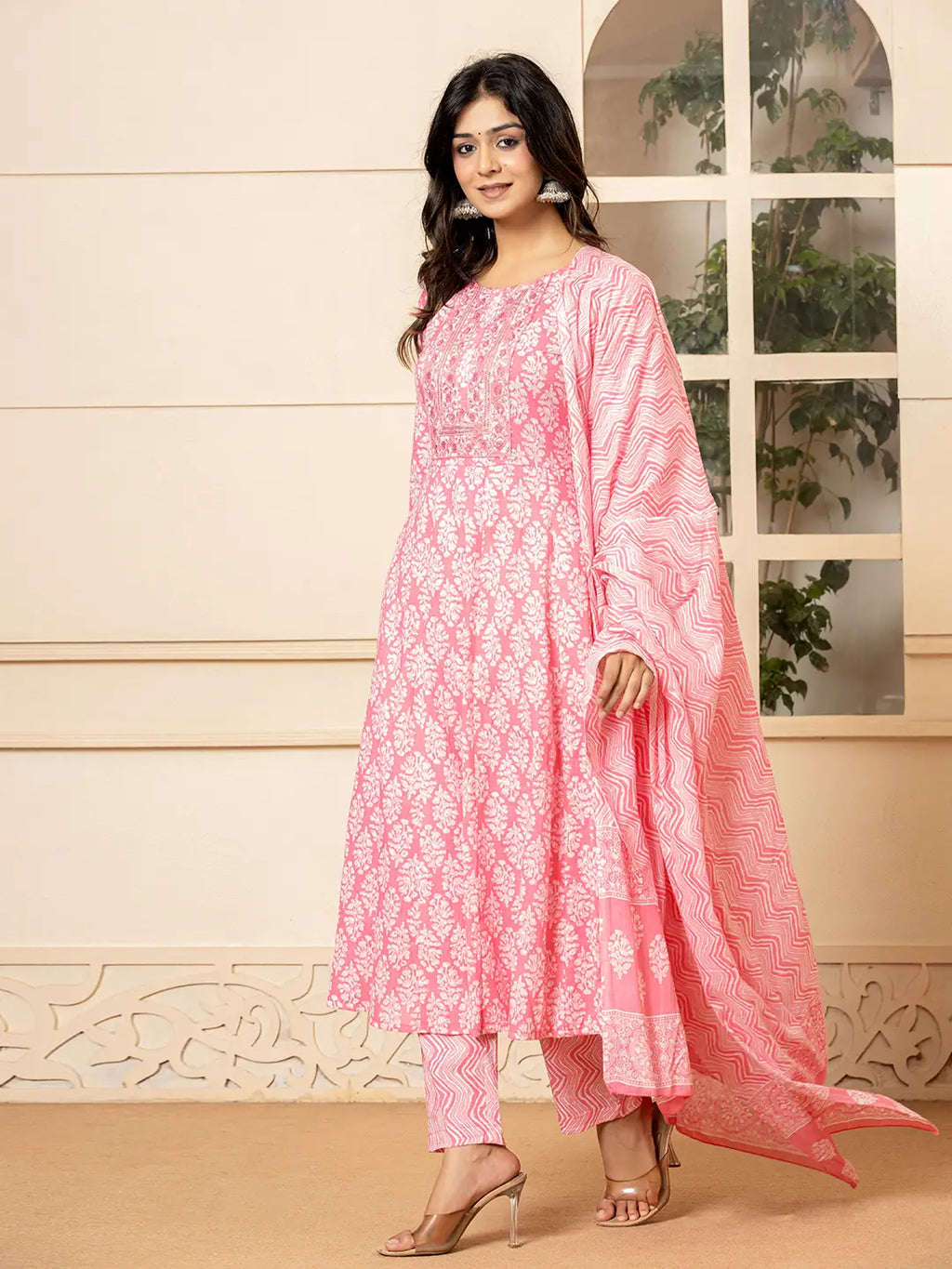 Yufta Pink Embroidered Pure Cotton Anarkali Kurta Trouser With Dupatta Set | Grocsy