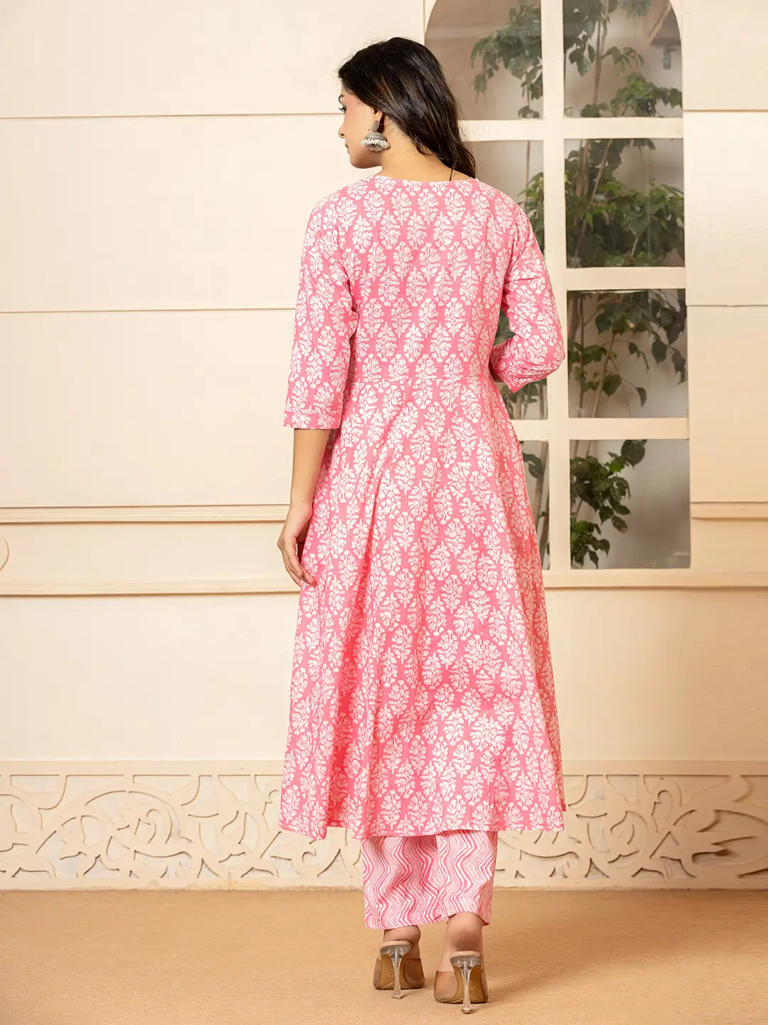 Yufta Pink Embroidered Pure Cotton Anarkali Kurta Trouser With Dupatta Set | Grocsy