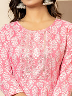 Yufta Pink Embroidered Pure Cotton Anarkali Kurta Trouser With Dupatta Set | Grocsy