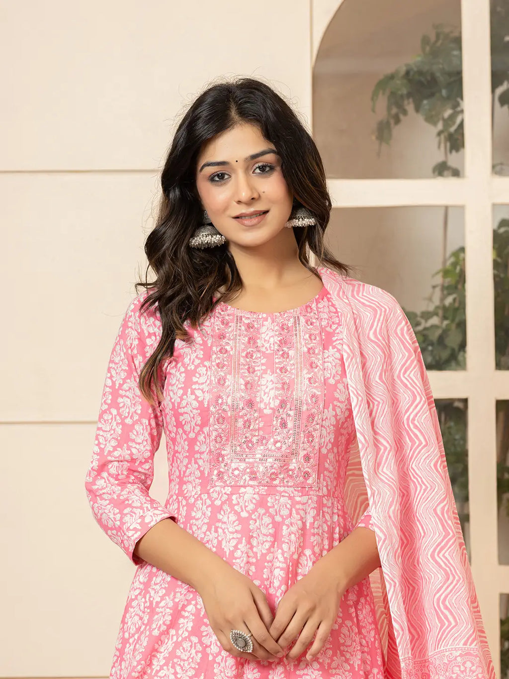 Yufta Pink Embroidered Pure Cotton Anarkali Kurta Trouser With Dupatta Set | Grocsy