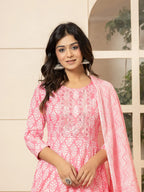 Yufta Pink Embroidered Pure Cotton Anarkali Kurta Trouser With Dupatta Set | Grocsy