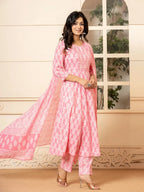 Yufta Pink Embroidered Pure Cotton Anarkali Kurta Trouser With Dupatta Set | Grocsy